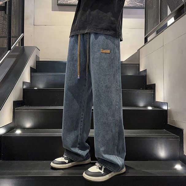 Black Jeans Trendy Style Loose Straight Leg Wide Leg Pants Midweight Polyester Spring Autumn Junior Senior High School Students Long Trousers_mkmklike.com