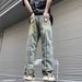High Street Washed Retro Mud Yellow Jeans Men's Rough Edge Splicing Design Sense Loose Wide-leg Trousers_mkmklike.com