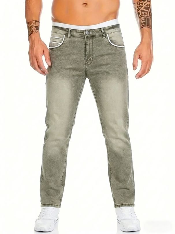 Men's Clothing Men's Straight Leg Slim Fit Stretch Jeans Unique Leather Patch Design Solid Color Retro Style Best Selling_mkmklike.com