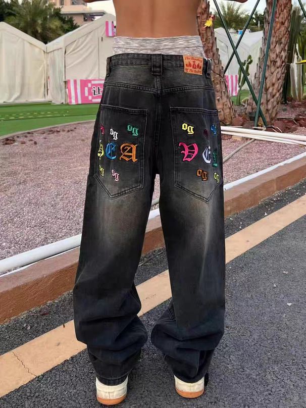Men's Clothing Retro Gradient Letter Embroidered Jeans Men And Women Trendy Straight Loose Mopping Pants_mkmklike.com