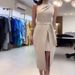 Women's clothing solid color fashion round neck pleated slit slim dress_mkmklike.com