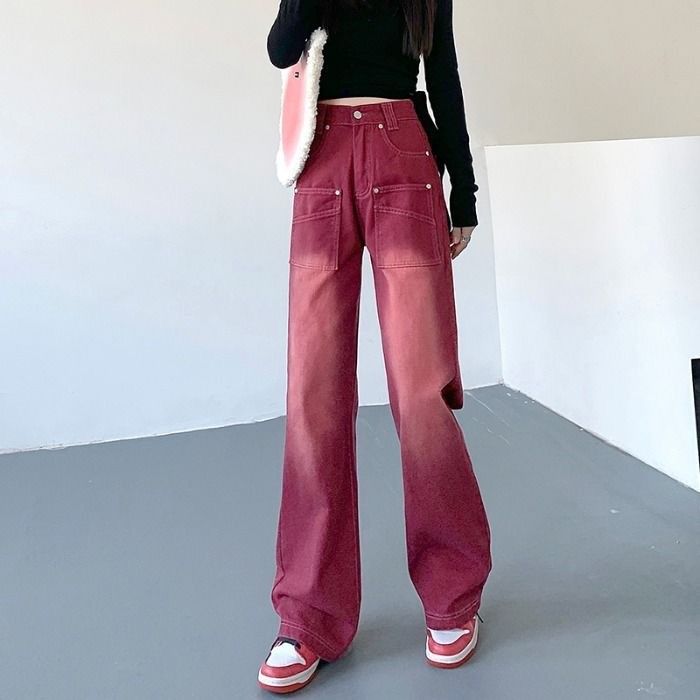 American Retro Red Jeans, Straight Loose Fit, Trendy Design, High-waisted, Slimming, Wide-leg Long Pants For Women_mkmklike.com