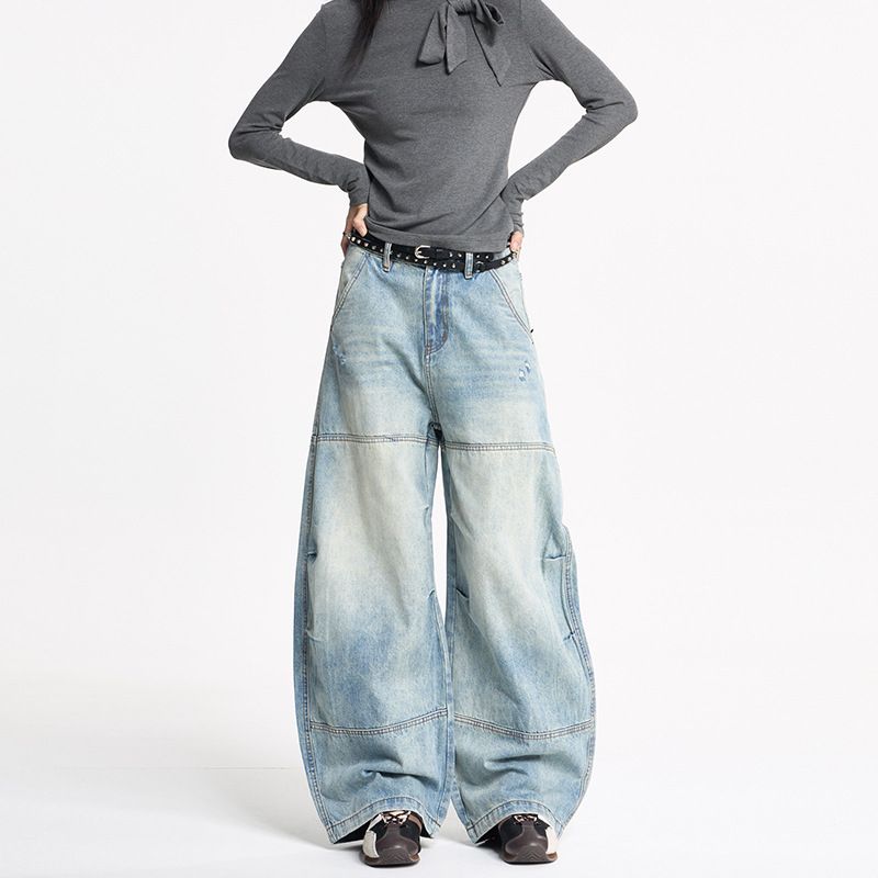 LKTM Vintage Wide-Leg Distressed Denim Jeans Asymmetrical Hem Patchwork Detail Retro American Style for Men And Women_mkmklike.com