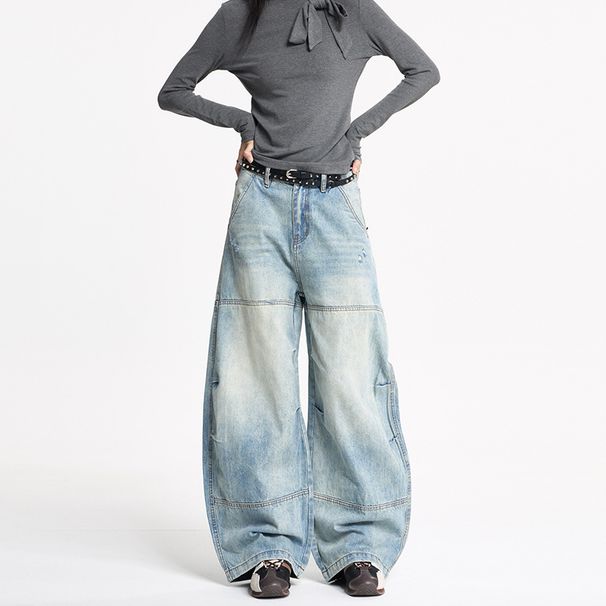 LKTM Vintage Wide-Leg Distressed Denim Jeans Asymmetrical Hem Patchwork Detail Retro American Style for Men And Women_mkmklike.com