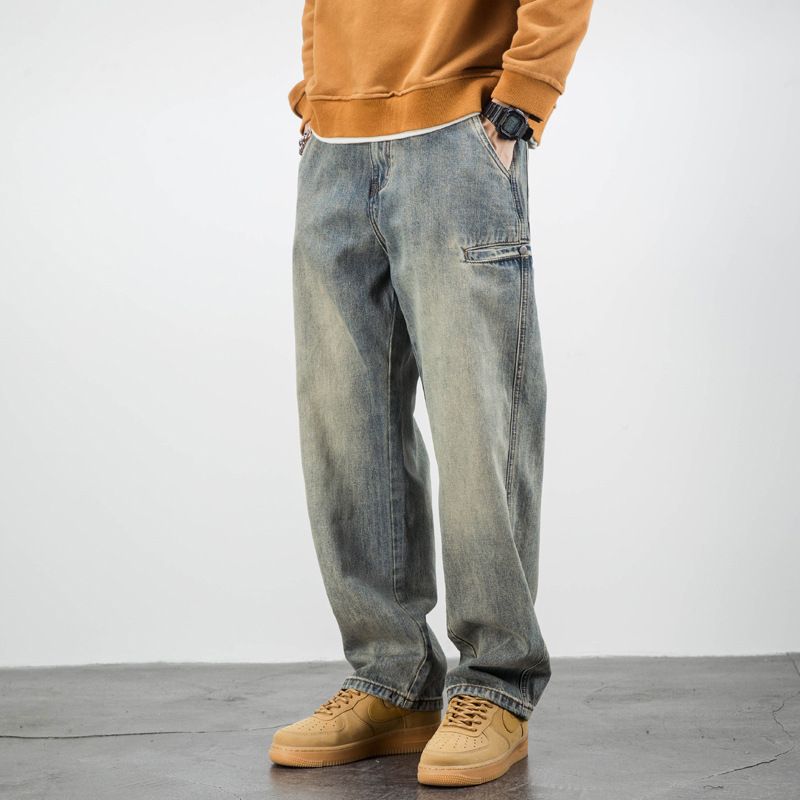 Nordmann American Style Casual Yellow Mud-Dyed Jeans For Men, Straight Loose Fit, Trendy Brand Long Pants, Autumn Retro Draped_mkmklike.com