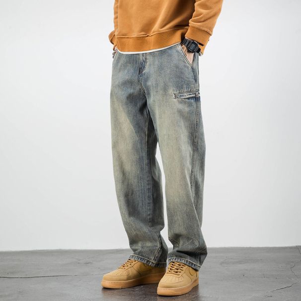 Nordmann American Style Casual Yellow Mud-Dyed Jeans For Men, Straight Loose Fit, Trendy Brand Long Pants, Autumn Retro Draped_mkmklike.com