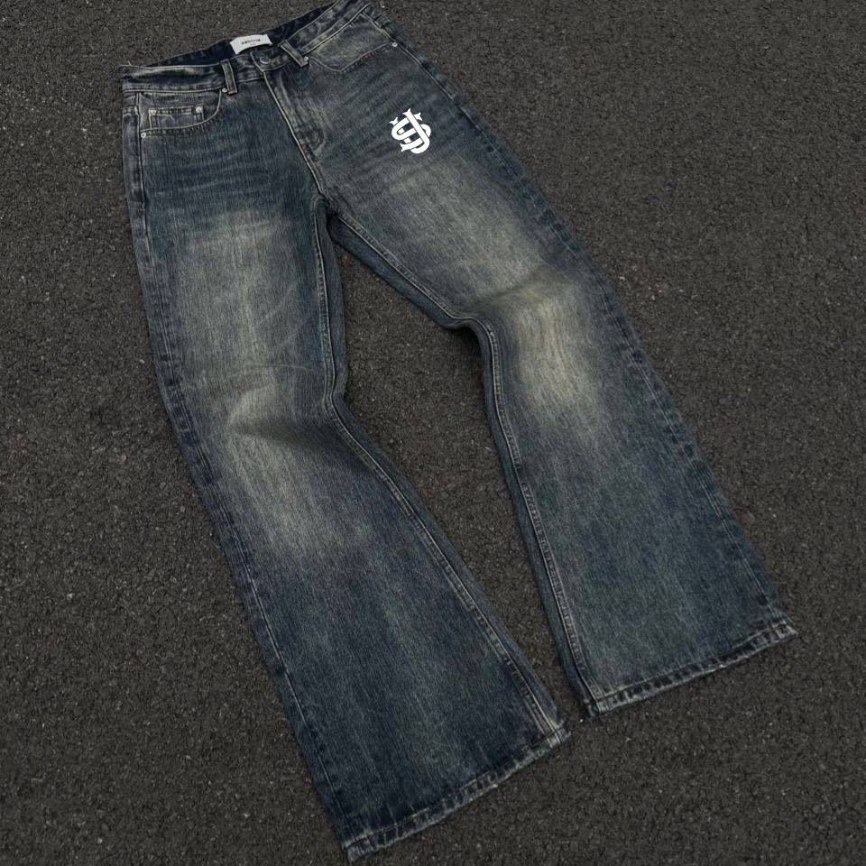 Vintage Washed Flared Jeans – Retro 70s-Inspired High-Waisted Bell Bottoms With Distressed Print (S-XXXL, Classic Blue)_mkmklike.com