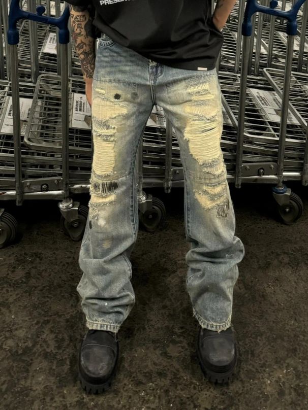 Men's Distressed Washed Ripped Jeans High Street Grunge Style Patchwork Splatter Paint Loose Straight Leg Flared Hem_mkmklike.com