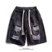 Men's Clothing Drawstring Elastic Waist Ripped Denim Shorts Street Fashion Straight Large Size Casual Five Point Mid Length Pants_mkmklike.com