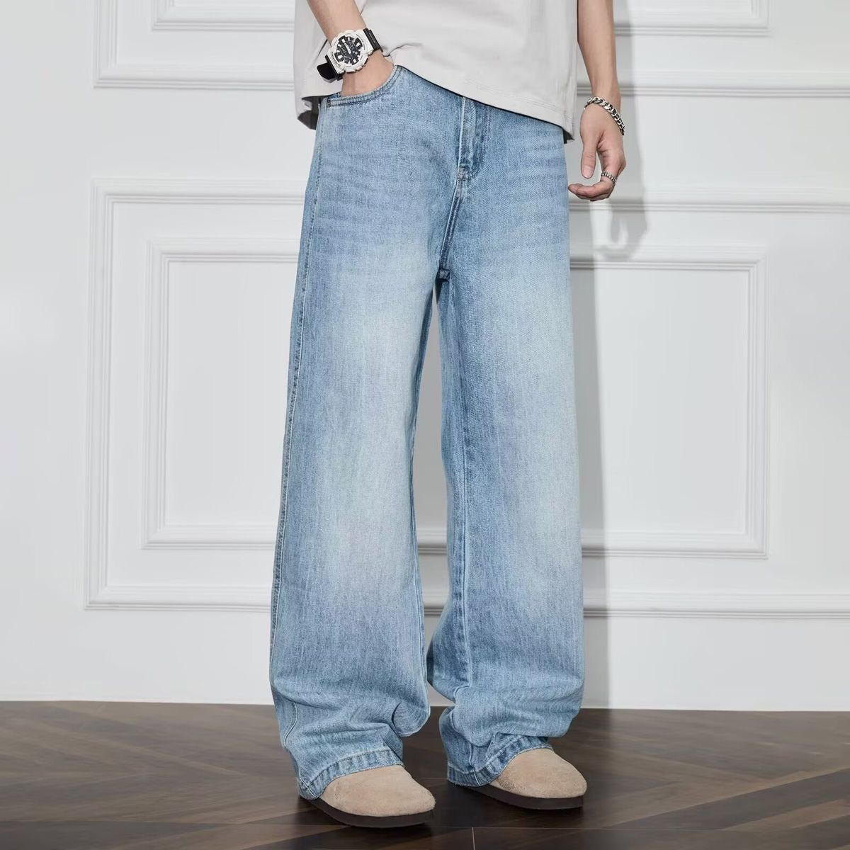Men's Stylish Chic Jeans Trendy Loose Fit Wide Leg Slimming Height Enhancing Straight Leg Trousers_mkmklike.com