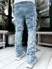 High Street White Mens Stacked Jeans Stretched Patchwork Tassel Damaged Denim Full Length Pants Hippop Trousers For Male_mkmklike.com