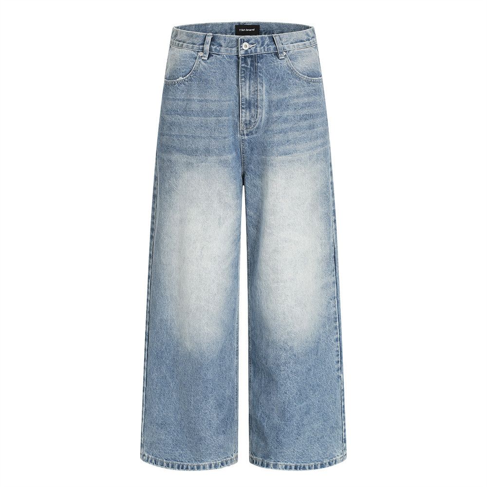American Style Washed Vintage Loose Jeans For Men With Unique Pocket Design, Frayed Edges, And Wide-Leg Straight Pants_mkmklike.com
