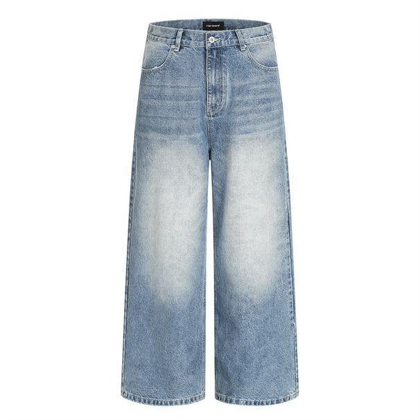 American Style Washed Vintage Loose Jeans For Men With Unique Pocket Design, Frayed Edges, And Wide-Leg Straight Pants_mkmklike.com