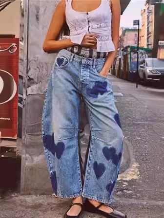 Casual Loose-Fit Mid-Rise Women's Jeans – Funky Patchwork Denim With Playful Prints (Blue Hearts, Stars, Floral, Cat, Doodle, Black Floral)_mkmklike.com