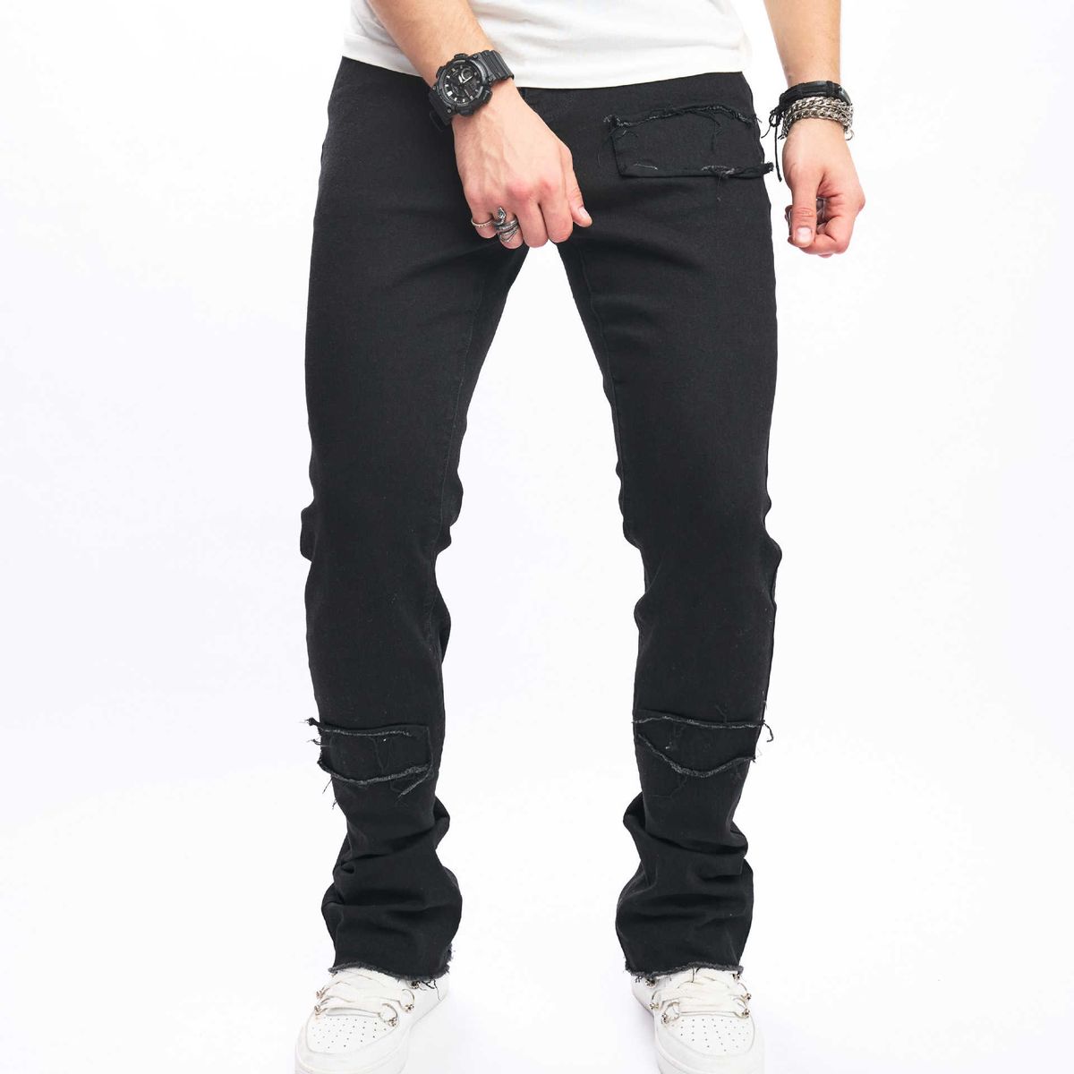 Trendy Tight Fitting Micro Flared Denim Pants For Men's Commuting, Small Horn Solid Color Jeans_mkmklike.com