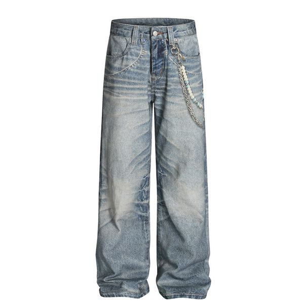 Washed Jeans For Men Vintage Water Ripple 3D Digital Print Chain Pendant Niche Loose Straight Long Pants Trendy_mkmklike.com
