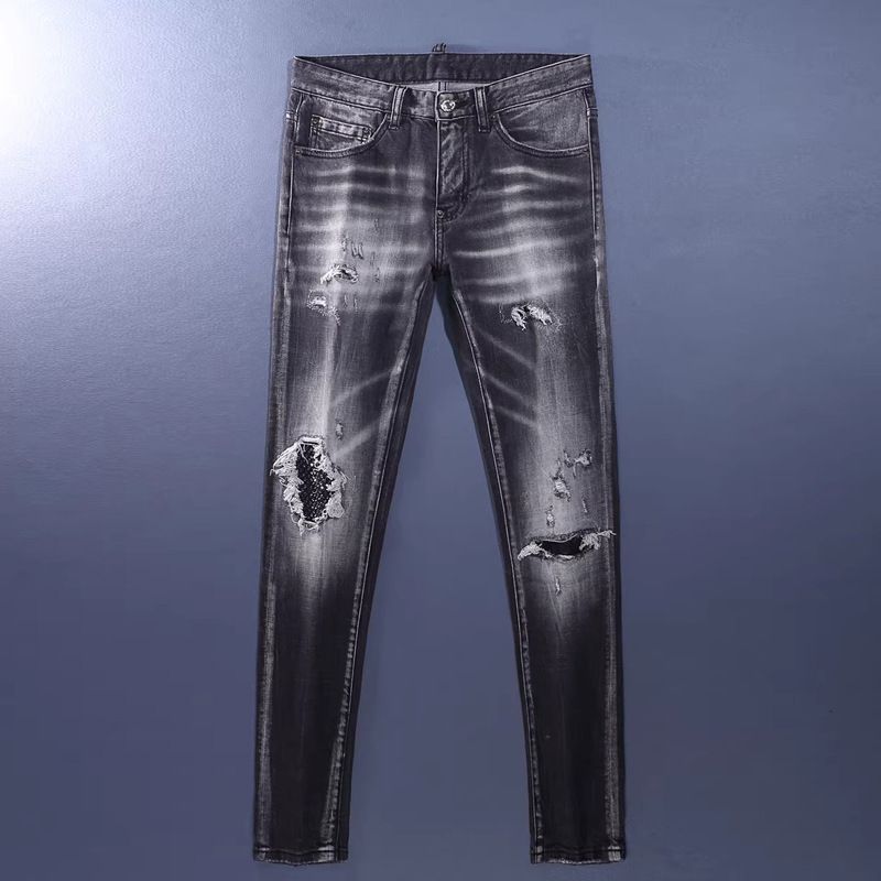 Men's Trendy Ripped Skinny Jeans Distressed Black Gray Washed Slim Fit mid Waist European American Street Style Long Cotton Jeans_mkmklike.com