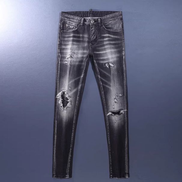 Men's Trendy Ripped Skinny Jeans Distressed Black Gray Washed Slim Fit mid Waist European American Street Style Long Cotton Jeans_mkmklike.com