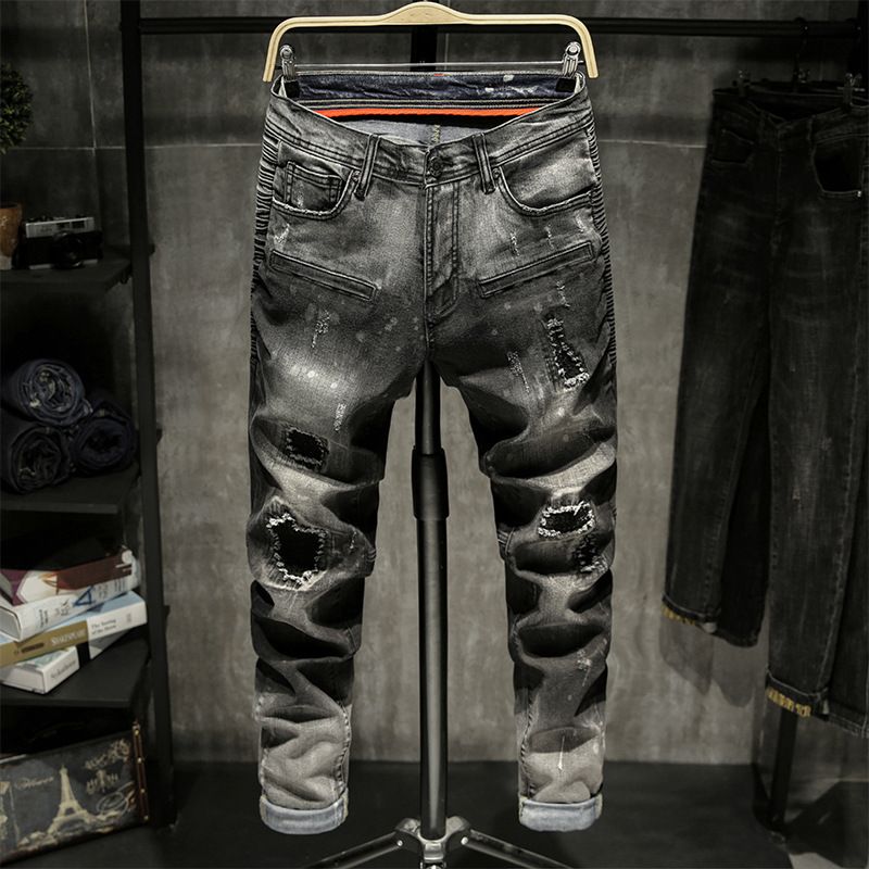 Suitable For All Seasons New Men's Slightly Stretch Jeans Black Ripped Trendy Slim Fit Skinny Wrinkled Patchwork Motorcycle Pants_mkmklike.com