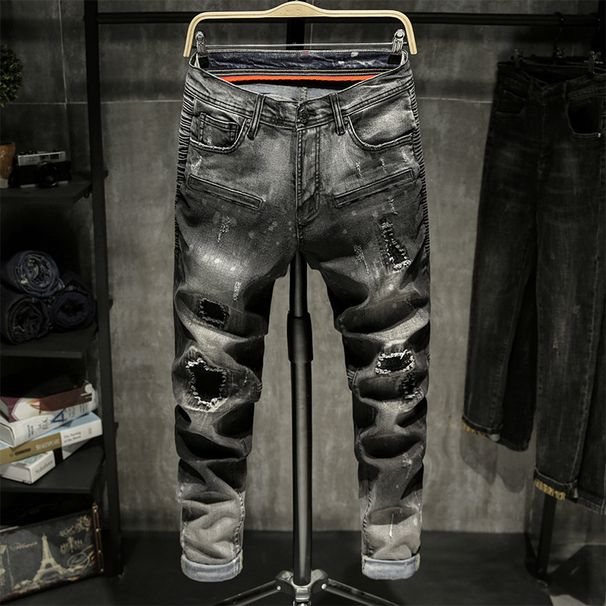 Suitable For All Seasons New Men's Slightly Stretch Jeans Black Ripped Trendy Slim Fit Skinny Wrinkled Patchwork Motorcycle Pants_mkmklike.com
