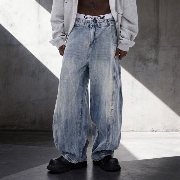 Men's Classic Blue Washed Straight Leg Jeans – Streetwear Essential | Relaxed Fit & Timeless Style_mkmklike.com