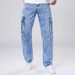 Men's Loose Fit Cargo Jeans - Trendy Straight Leg Denim Pants For All Seasons (Black, Light Blue)_mkmklike.com