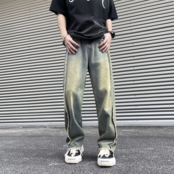 High Street Washed Retro Mud Yellow Jeans Men's Rough Edge Splicing Design Sense Loose Wide-leg Trousers_mkmklike.com