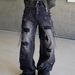 Vintage Washed Distressed Denim Jeans For Men, Loose Fit Straight Leg Baggy Trousers With Patch Details_mkmklike.com