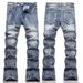 Men's Clothing Stretch Slim Fit Jeans For Men Blue High Street Style Studded Embroidered Design For Nightclub Youth 3986_mkmklike.com