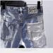 Men’s Slim-Fit Distressed Denim Shorts – Paint Splatter & Patchwork Streetwear (Blue, Sizes 28-36)_mkmklike.com