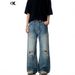 Men's Clothing Blue Straight Ripped Jeans Vintage Washed Blue Straight Leg Distressed Jeans For Men & Women - Relaxed Fit, Stacked Hem, Wide Leg_mkmklike.com