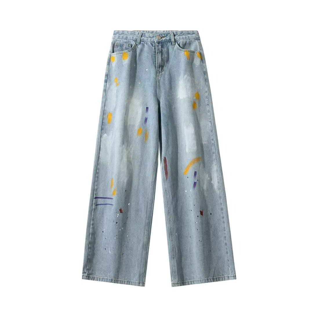 Men's American Style Trendy Paint Splatter Jeans High End Casual Wide Leg Loose Straight Leg Trousers Spring Style Long Pants_mkmklike.com