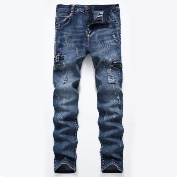 Men's Clothing Slim Fit Stretch Jeans Light Gray Zippered Printed Style Midweight Cotton Skinny Pants Machine Washable_mkmklike.com