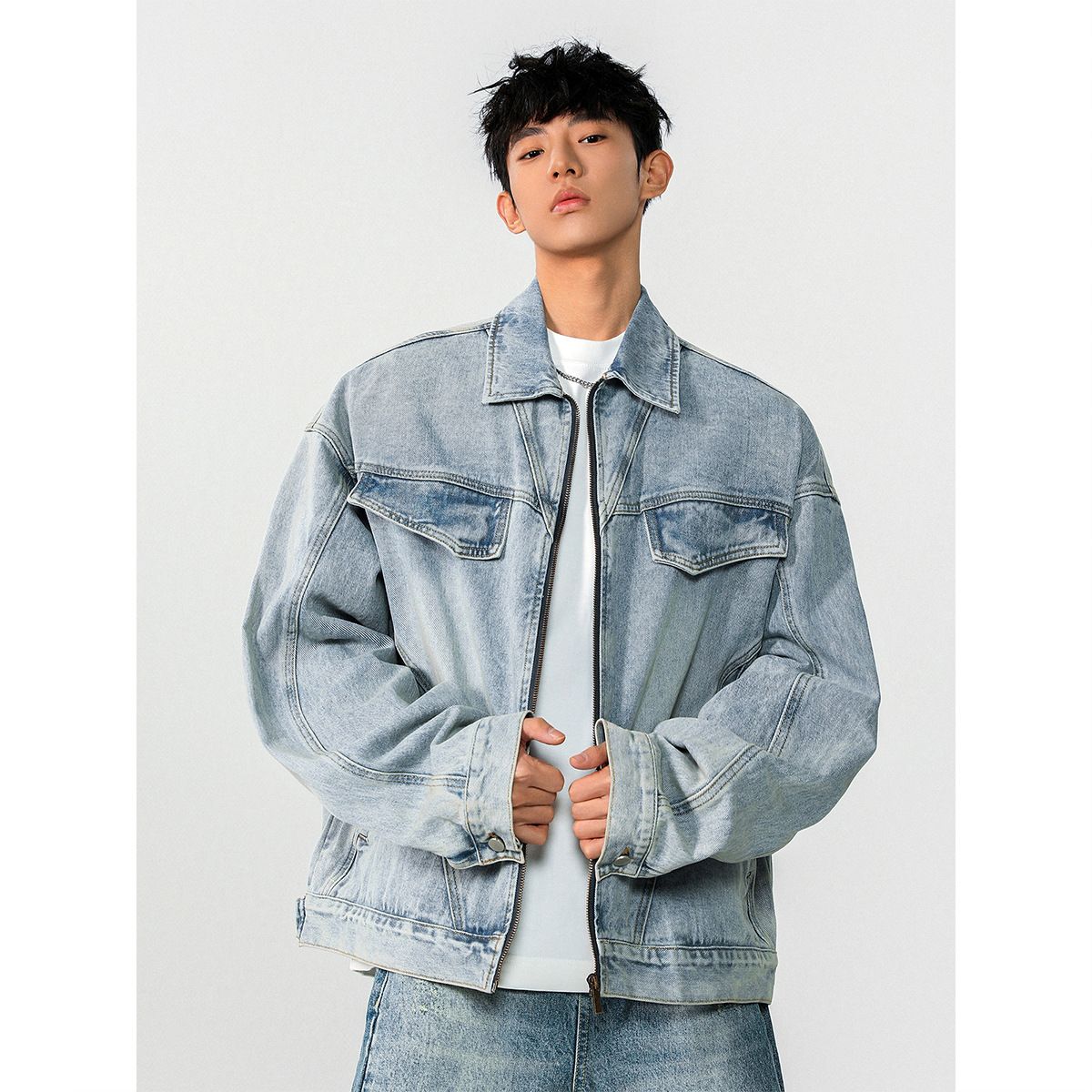 American Blue Denim Jacket For Men, Spring New Style, Heavy-Duty Washed Lapel Jacket, Fashionable And Cool Top_mkmklike.com