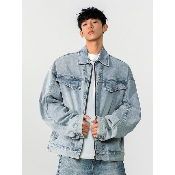 American Blue Denim Jacket For Men, Spring New Style, Heavy-Duty Washed Lapel Jacket, Fashionable And Cool Top_mkmklike.com