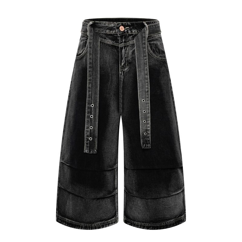 Heavyweight Denim Shorts For Men And Women Retro Distressed Wash 3D Pleats Metal Studs Trendy Edgy Style_mkmklike.com