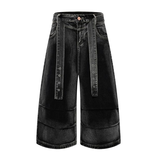 Heavyweight Denim Shorts For Men And Women Retro Distressed Wash 3D Pleats Metal Studs Trendy Edgy Style_mkmklike.com