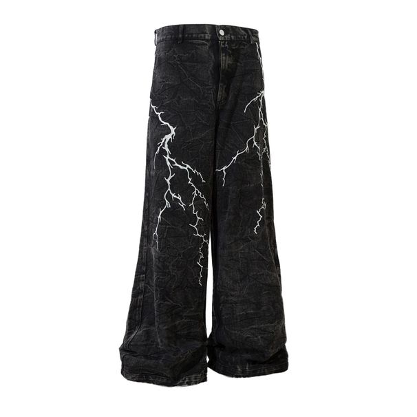 Jiayiku 2025 High Street American Washed Micro La Jean Men's Lightning Embroidered Design Wide Leg Pants_mkmklike.com