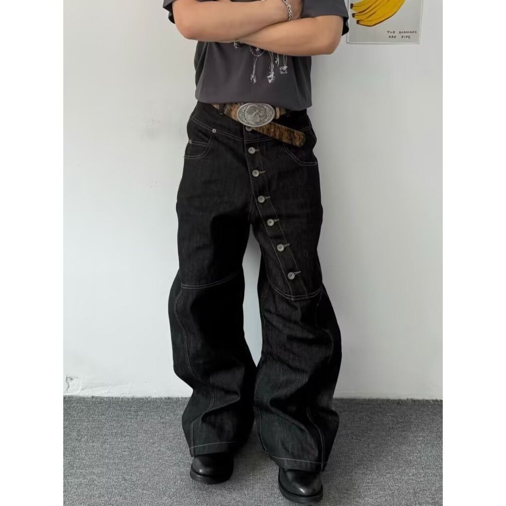Vintage High-Waisted Straight Jeans – Distressed Button Fly & Relaxed Fit (S-3xl) Unisex Crotch Gusset_mkmklike.com