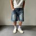 Men's Casual Denim Shorts Distressed Design Front And Back Panel Stitching Straight Leg Loose Fit Wide Leg_mkmklike.com