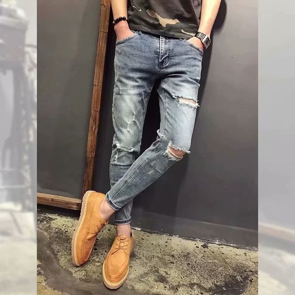 Men's Clothing Ripped Jeans For Men Summer Thin Light Color Nine Point Slim Fit Korean Style Casual Trendy Elastic Long Pants_mkmklike.com