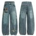 Men's Clothing Floral Embroidered Straight Jeans New High Waist Loose Wide Leg Ripped Trousers_mkmklike.com