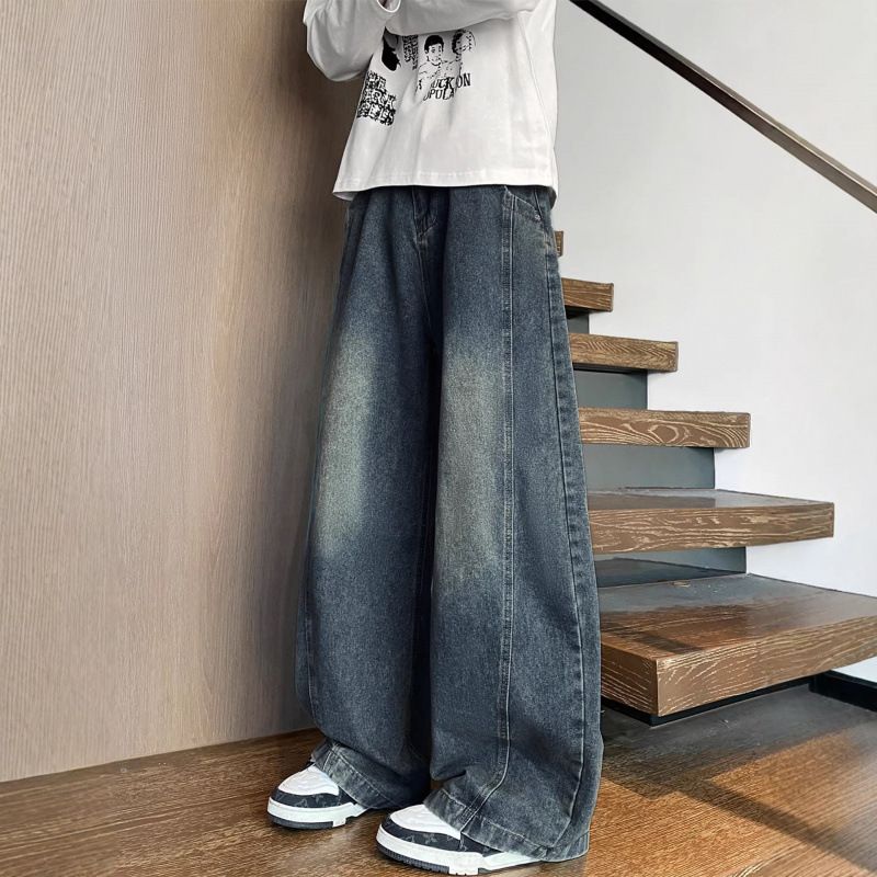 Men's Clothing Distressed Patchwork Jeans – Oversized Baggy Denim Pants With Vintage Wash | High Street Fashion, Button Fly, Relaxed Fit_mkmklike.com