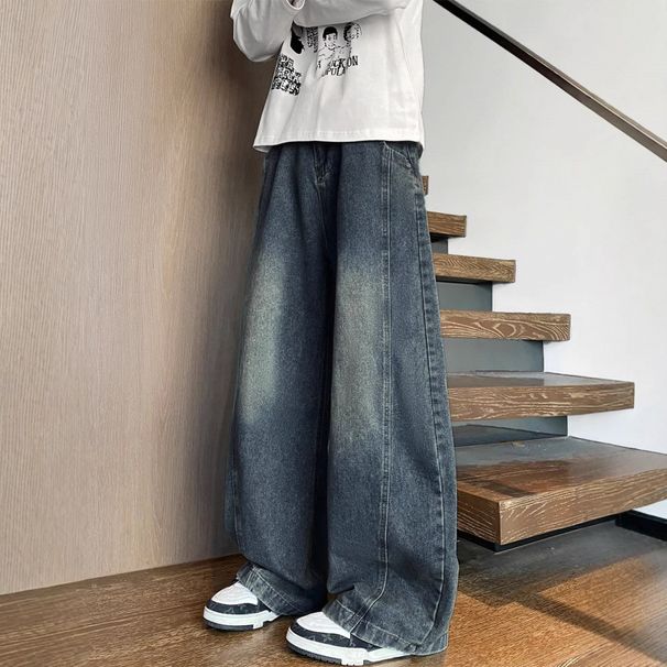 Men's Clothing Distressed Patchwork Jeans – Oversized Baggy Denim Pants With Vintage Wash | High Street Fashion, Button Fly, Relaxed Fit_mkmklike.com