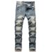 Men's Stretch Denim Jeans With Punk-Inspired Print & Destructive Details - Slim Fit Retro Blue Denim Pants With Whisker Effects_mkmklike.com