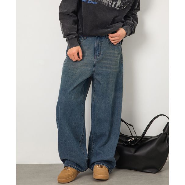 Men's Washed Gradient Blue Straight Leg Jeans, Spring Style, Distressed Texture, Retro Casual Trousers._mkmklike.com