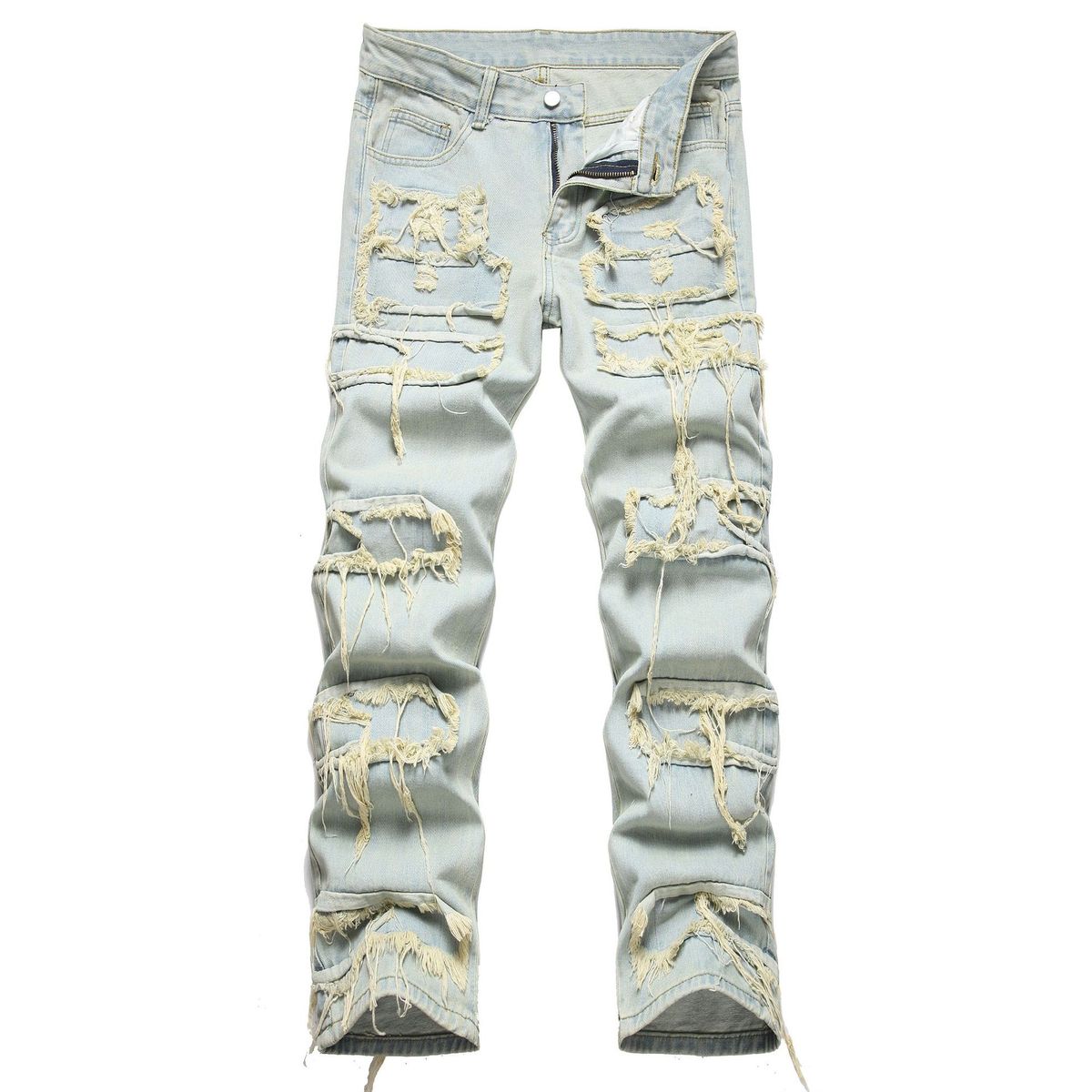 Men's Straight Leg Patchwork Denim Jeans - Vintage Washed High Street Baggy Pants With Raw Hem & Distressed Details (Color 0070, Size 28-38)_mkmklike.com