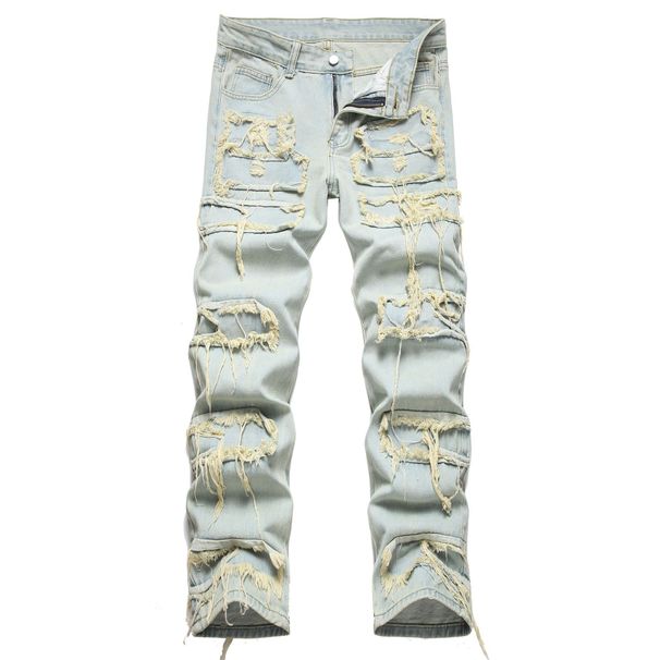 Men's Straight Leg Patchwork Denim Jeans - Vintage Washed High Street Baggy Pants With Raw Hem & Distressed Details (Color 0070, Size 28-38)_mkmklike.com