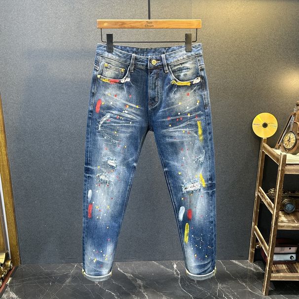 Men's Trendy Ripped And Distressed Skinny Jeans Korean Style Slim Fit Unique Fashionable Splatter Paint Autumn Winter Trousers_mkmklike.com