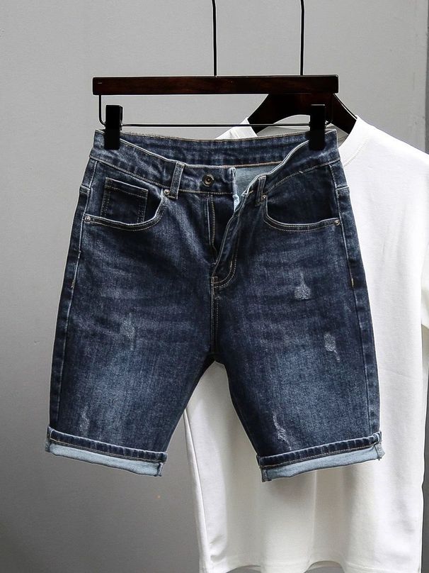 Men's Clothing New Men's Denim Shorts Loose Fashion Brand Five Point Mid Length Pants Trendy Hole Elastic Breeches_mkmklike.com